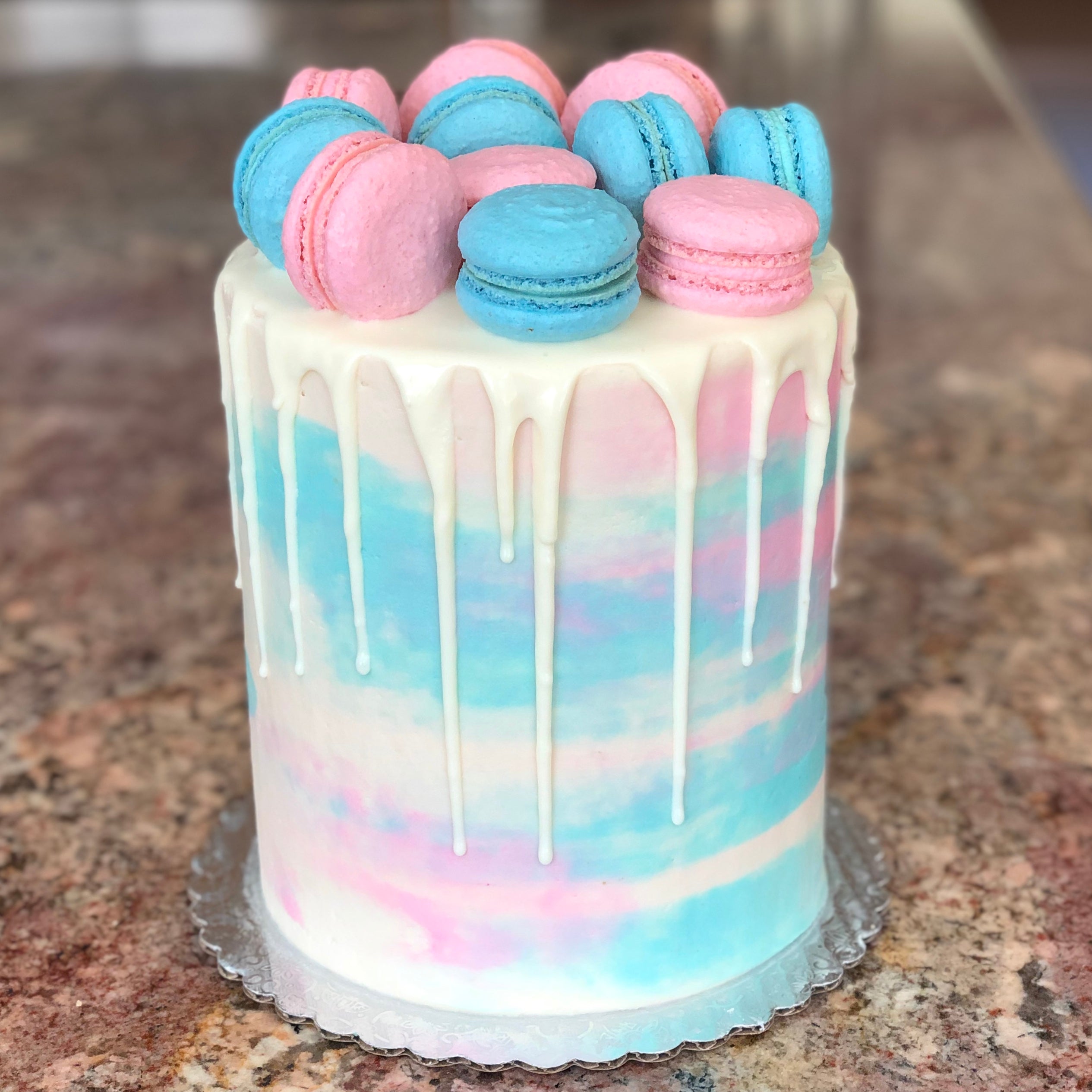 Gender Reveal Macaron Drip Cake